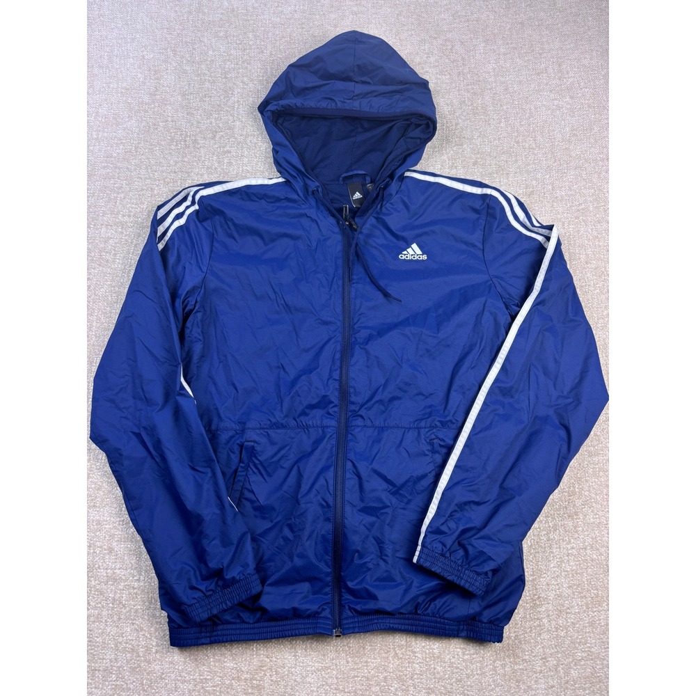 Adidas Mens Blue Hooded Windbreaker Jacket 3-Stripe Full Zip Size S